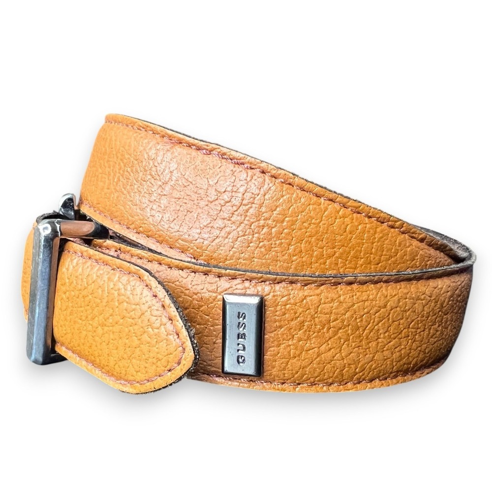 VTG GUESS 36"-40" Golden Brown Belt Genuine Leather Silver Buckle Soft‎